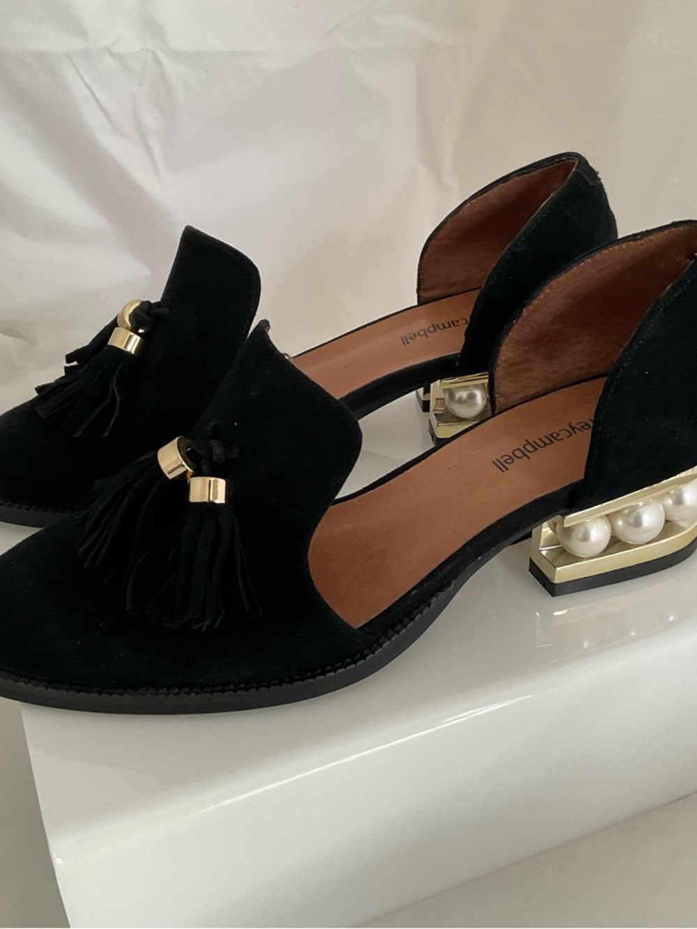 Jeffrey Campbell Black Suede Tassel Loafers with Pearl-Embellished Heel - Picture 4 of 6